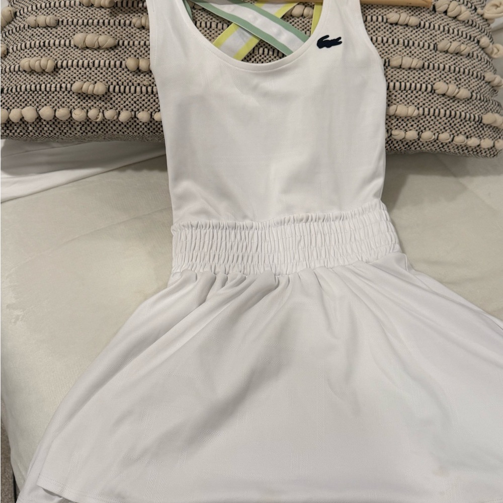 Lacoste White Sleeveless Girls' Tennis Dress with Striped Crossback